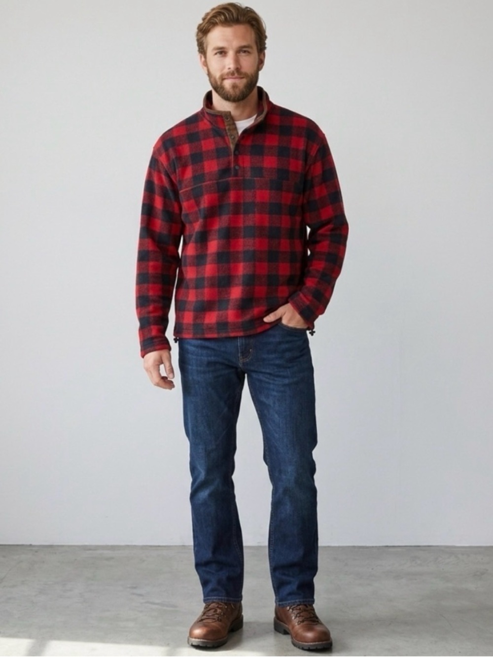 Orvis Buffalo Check Red Black Fleece Quarter Button Pullover Size XL